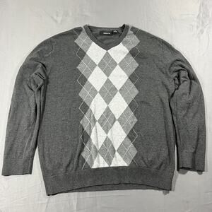 Liz Claiborne Argyle Sweater Mens XL Gray Cotton Tight Knit Ribbed Trim V Neck